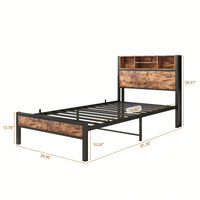 Twin Metal Platform Bed Frame With Storage Headboard And Charging Station, Easy Assembly, No Box Spring Needed, Industrial Retro Style