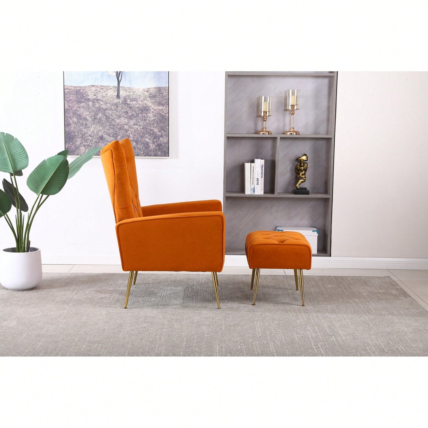 Modern Velvet Accent Chair With Ottoman For Living Room Bedroom Office Comfortable Seating In Orange