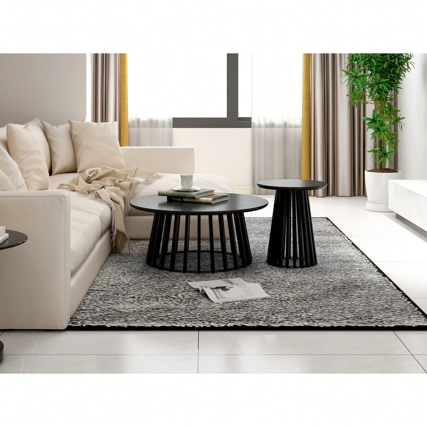 Round Coffee Table Set Of 2 With Grille Design For Living Room Bedroom And Balcony Scratch Resistant Waterproof Pine Wood Base