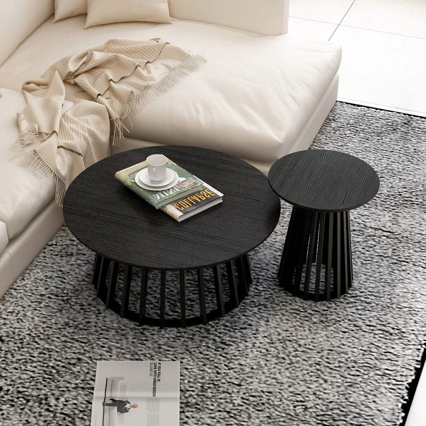 Round Coffee Table Set Of 2 With Grille Design For Living Room Bedroom And Balcony Scratch Resistant Waterproof Pine Wood Base