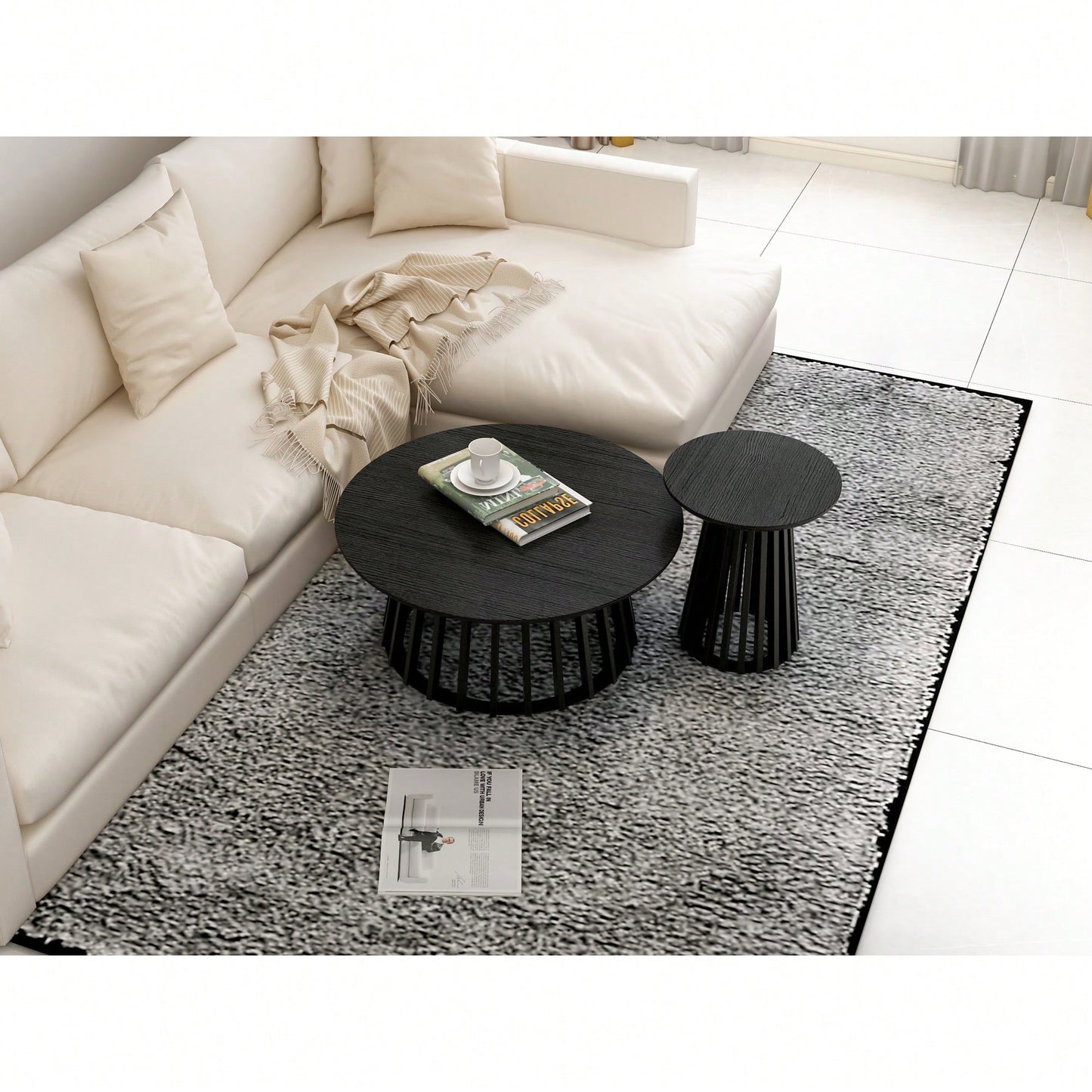 Round Coffee Table Set Of 2 With Grille Design For Living Room Bedroom And Balcony Scratch Resistant Waterproof Pine Wood Base