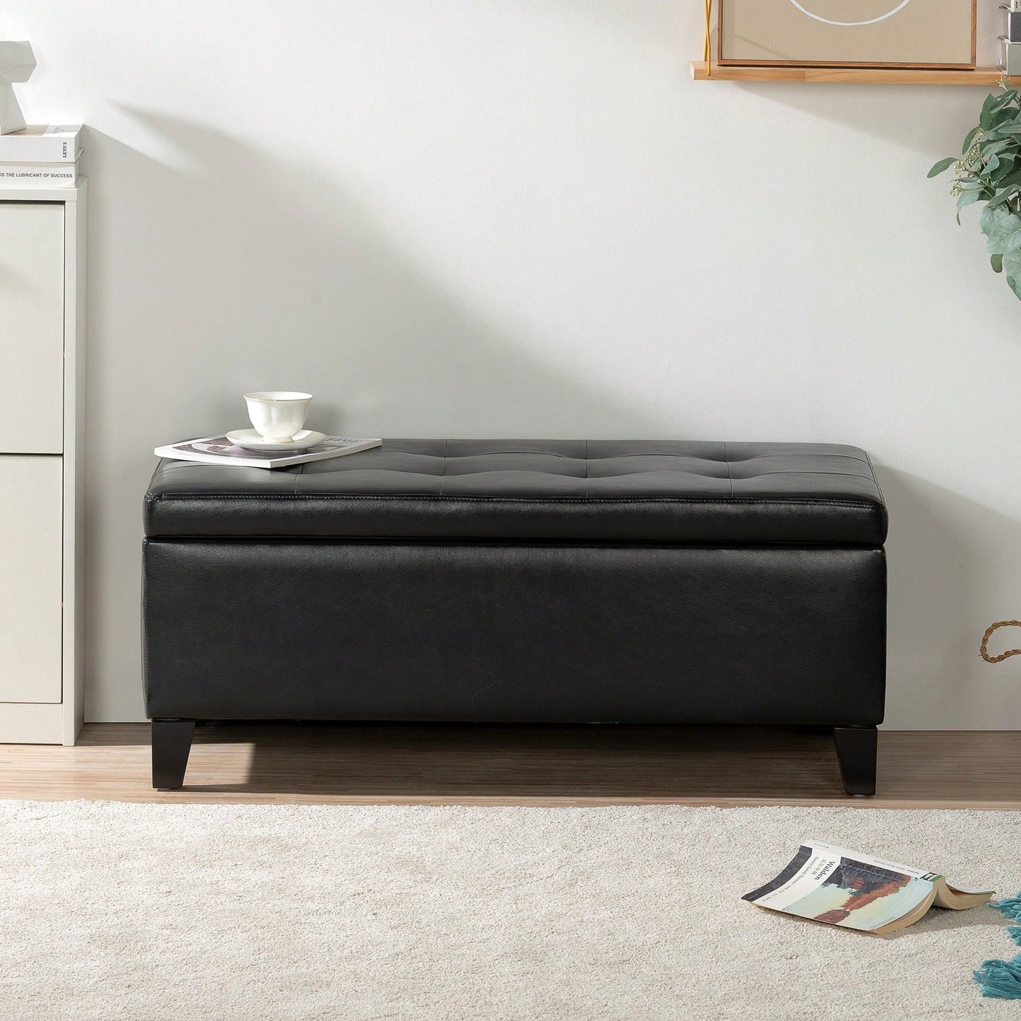 Spacious Storage Ottoman With Wooden Legs Faux Leather Footrest For Living Room Bedroom And Hallway