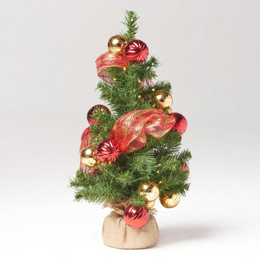 Red And Gold Burlap Christmas Tree With 50 Warm White LED Lights Battery Operated No Assembly Required