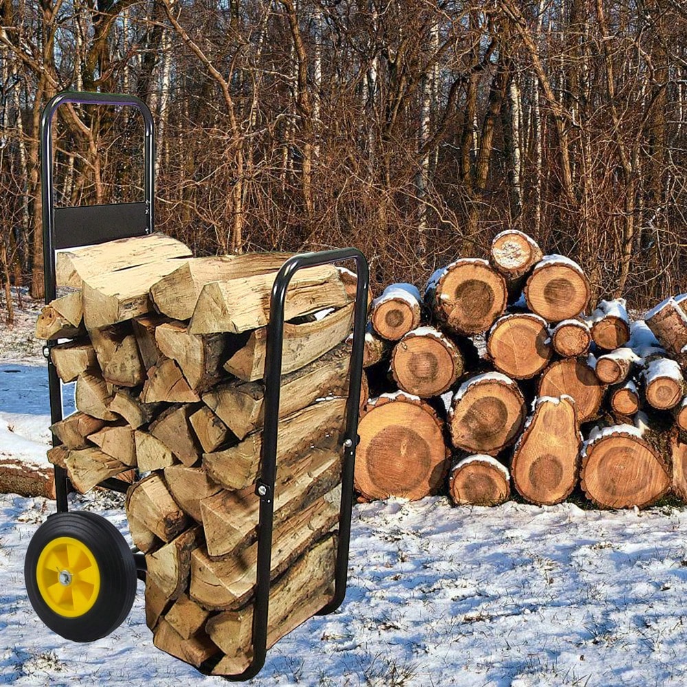 Heavy-Duty Firewood Log Carrier With Wheels - Versatile Outdoor Indoor Metal Dolly For Easy Wood Moving And Garden Tool Storage