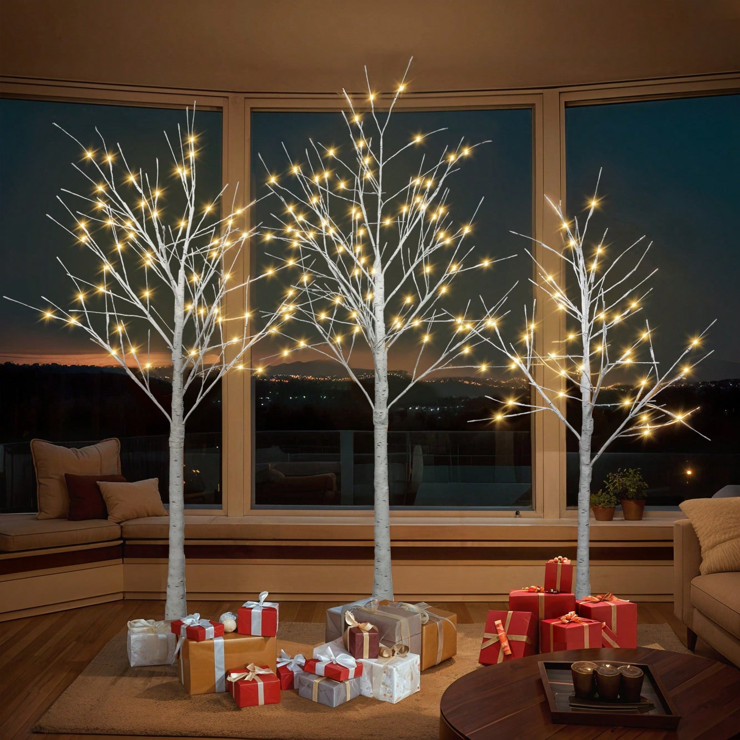 Lighted Birch Tree Set 4FT 5FT 6FT With Warm White LED Lights For Indoor Outdoor Christmas Decoration