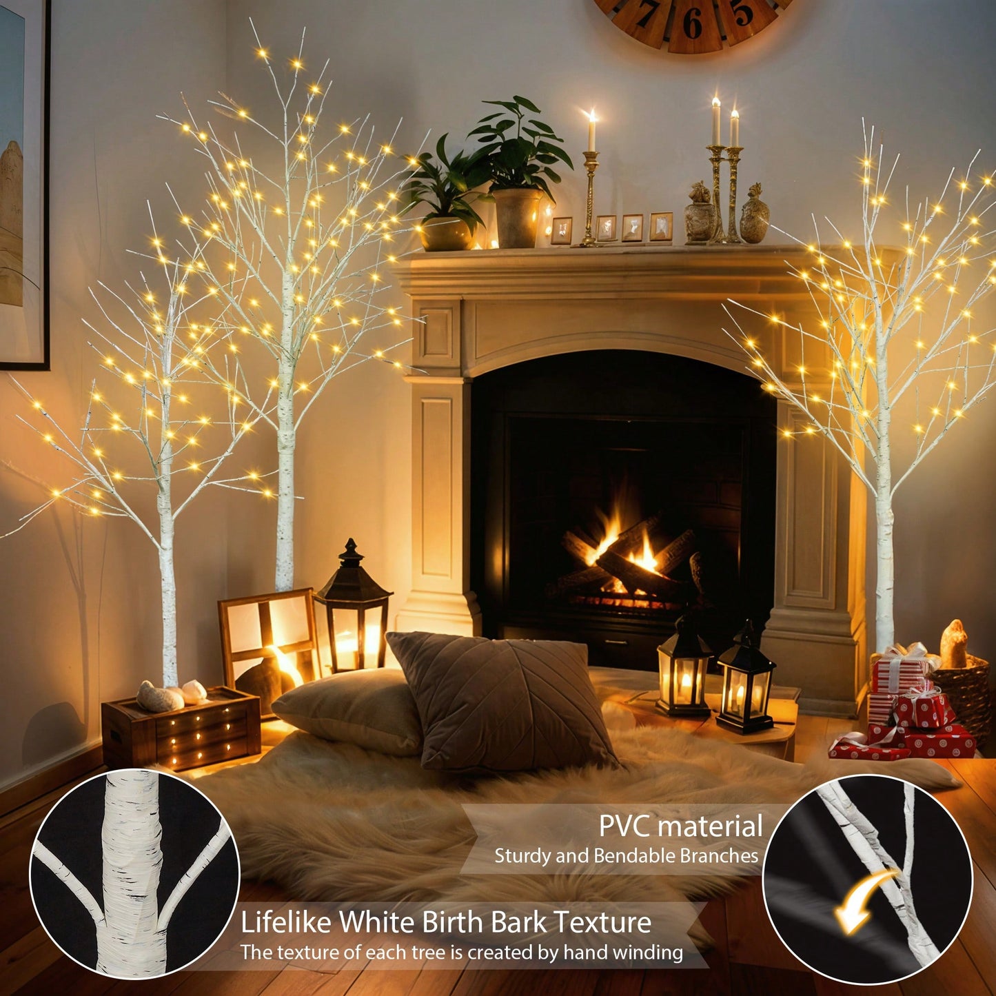 Lighted Birch Tree Set 4FT 5FT 6FT With Warm White LED Lights For Indoor Outdoor Christmas Decoration