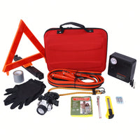 Emergency Car Safety Kit With 12V Air Compressor, Jumper Cables, First Aid Supplies, And Roadside Assistance Tools