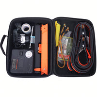 Emergency Car Safety Kit With 12V Air Compressor, Jumper Cables, First Aid Supplies, And Roadside Assistance Tools