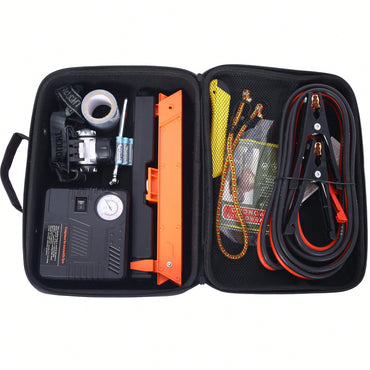 Emergency Car Safety Kit With 12V Air Compressor, Jumper Cables, First Aid Supplies, And Roadside Assistance Tools