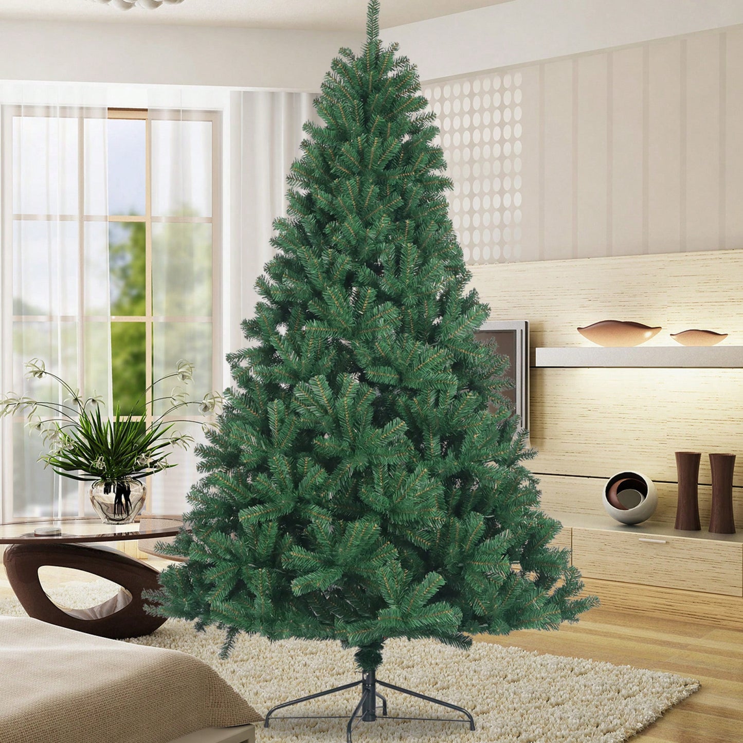 6ft Full Natural Spruce PVC Artificial Christmas Tree With Foldable Metal Stand Unlit Green