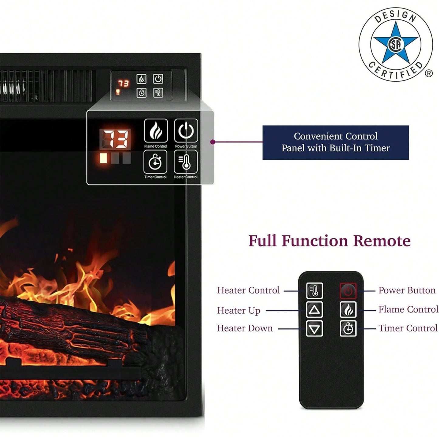 23 Inch Electric Fireplace Insert Heater with Remote Control Adjustable Realistic Logs and Flames 1400W for Indoor Heating Up to 300 Sq Ft