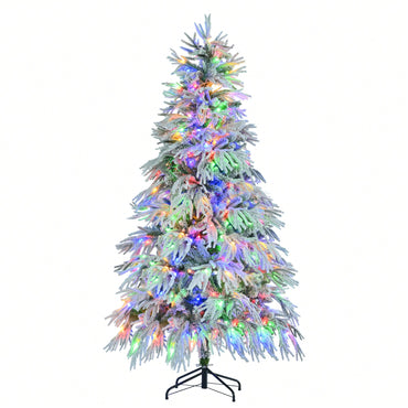 6FT Pre-Lit Snow Flocked Christmas Tree With 300 Multi-Color LED Lights And 8 Flashing Modes For Holiday Home And Office Decor