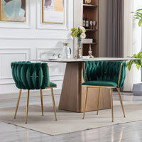 Set Of 2 Green Thick Fabric Dining Chairs With Sturdy Wood Legs
