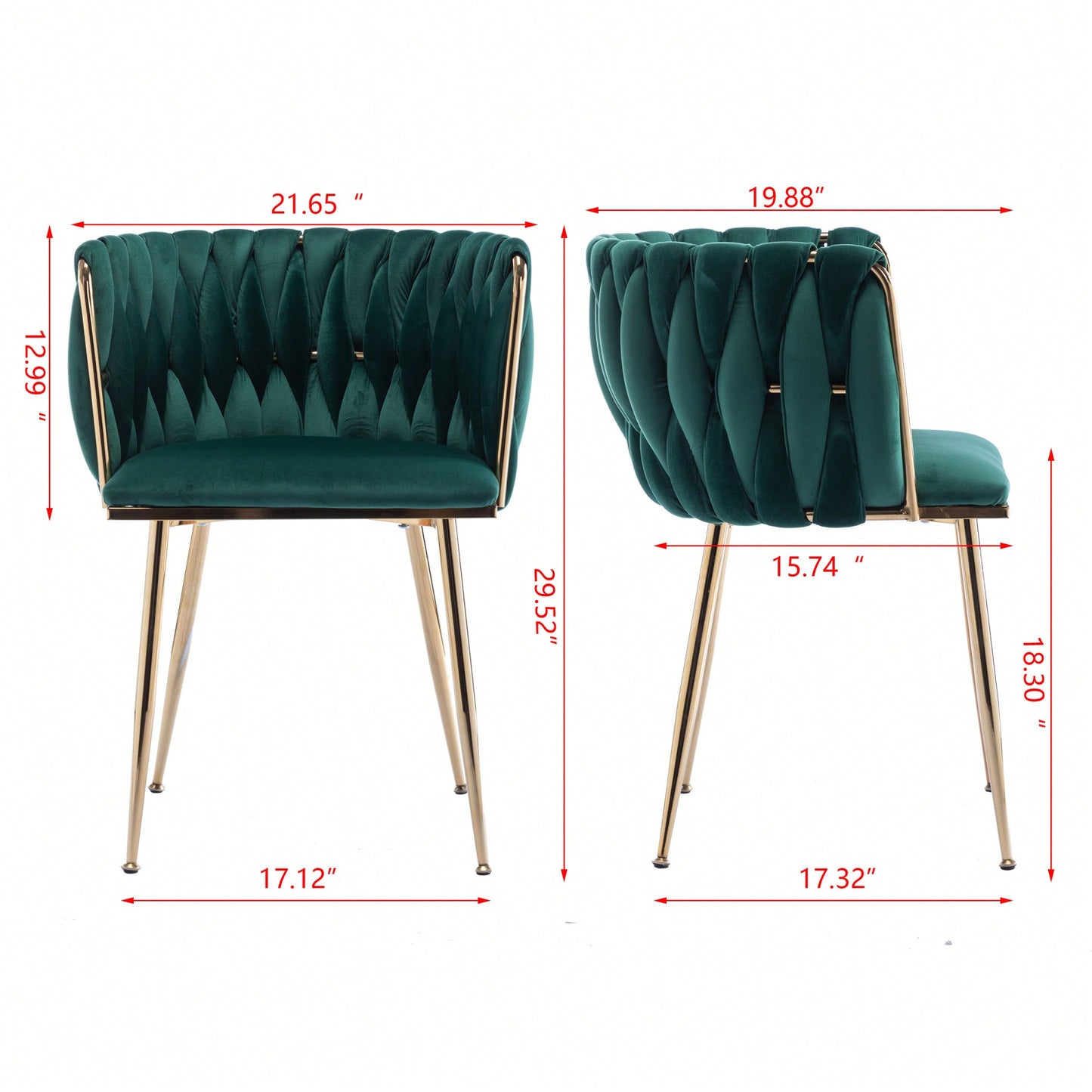 Set Of 2 Green Thick Fabric Dining Chairs With Sturdy Wood Legs