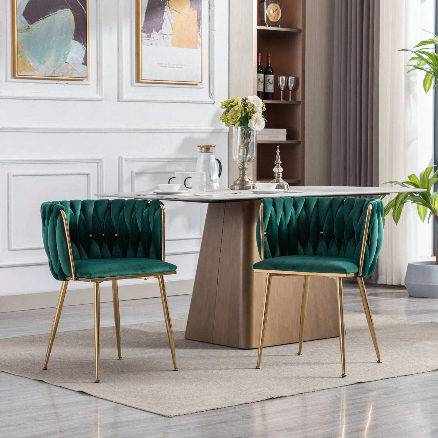 Set Of 2 Green Thick Fabric Dining Chairs With Sturdy Wood Legs