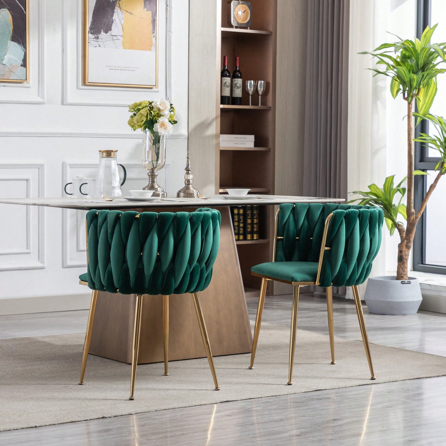 Set Of 2 Green Thick Fabric Dining Chairs With Sturdy Wood Legs