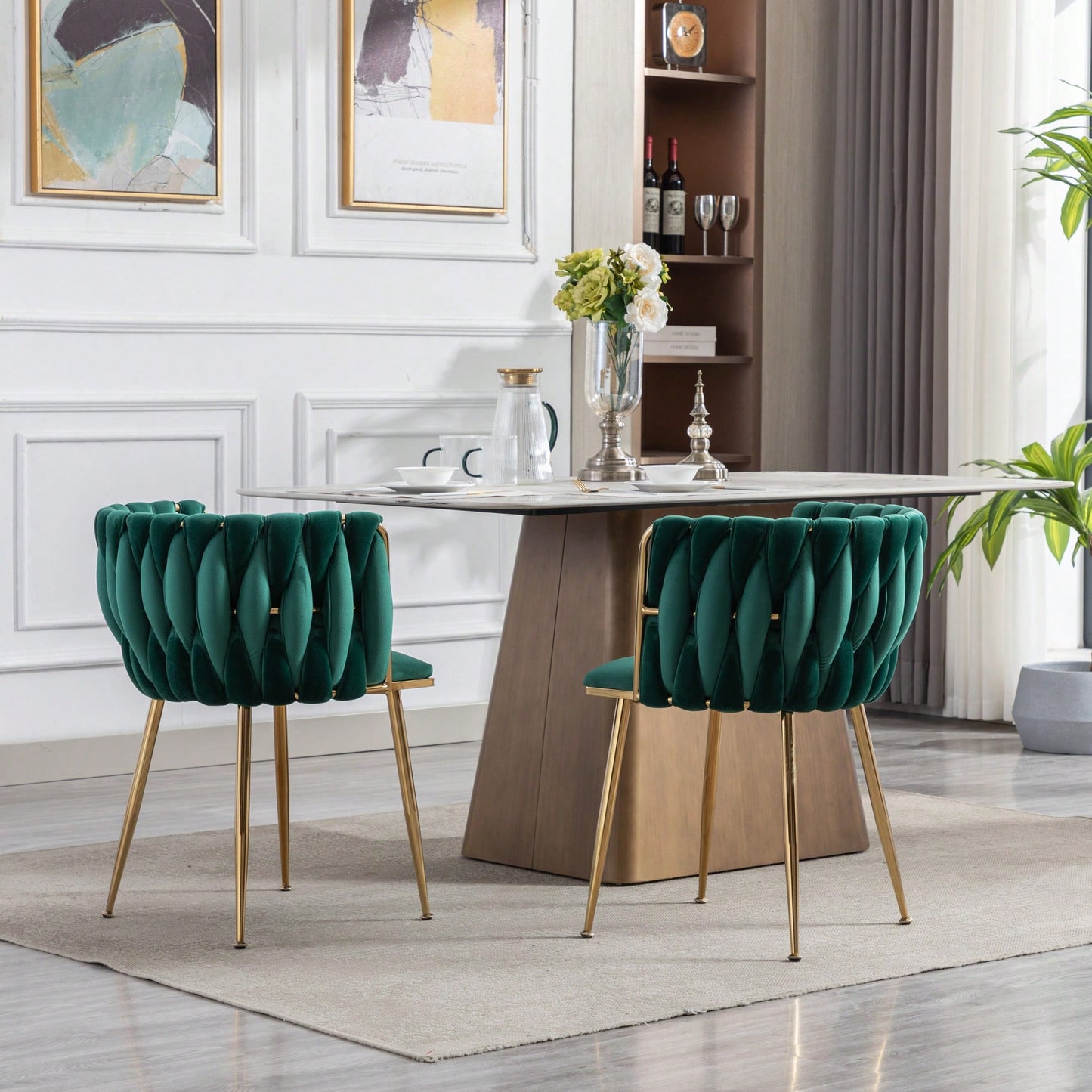 Set Of 2 Green Thick Fabric Dining Chairs With Sturdy Wood Legs