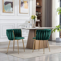 Set Of 2 Green Thick Fabric Dining Chairs With Sturdy Wood Legs
