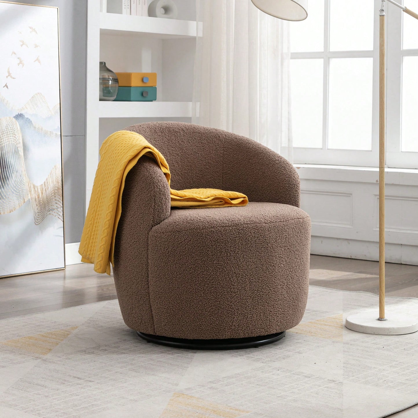 Swivel Accent Barrel Chair With Metal Ring Base In Coffee Brown Fabric