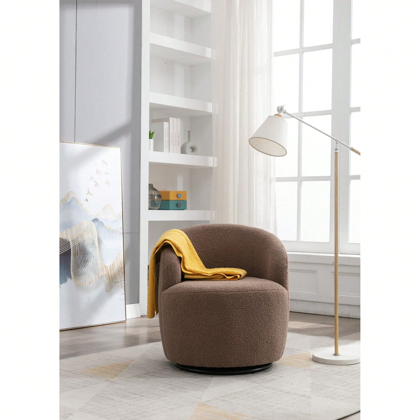 Swivel Accent Barrel Chair With Metal Ring Base In Coffee Brown Fabric
