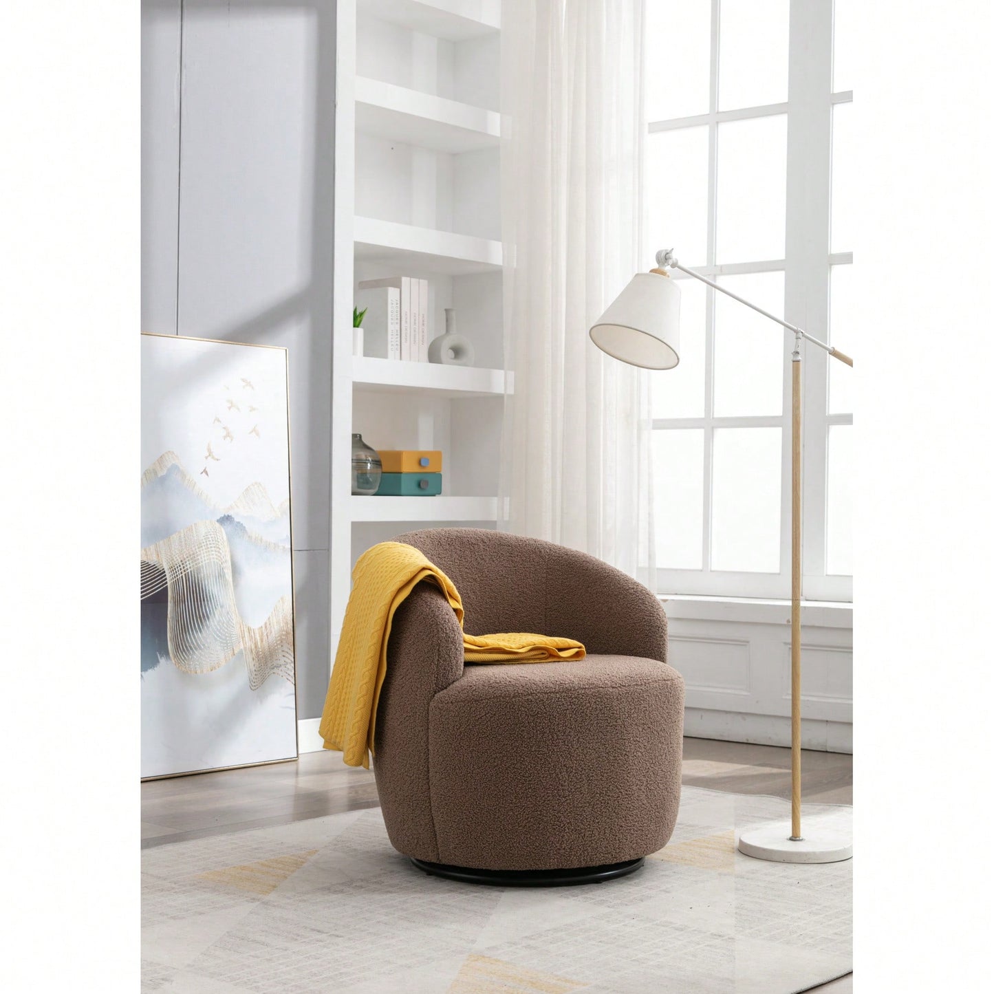 Swivel Accent Barrel Chair With Metal Ring Base In Coffee Brown Fabric