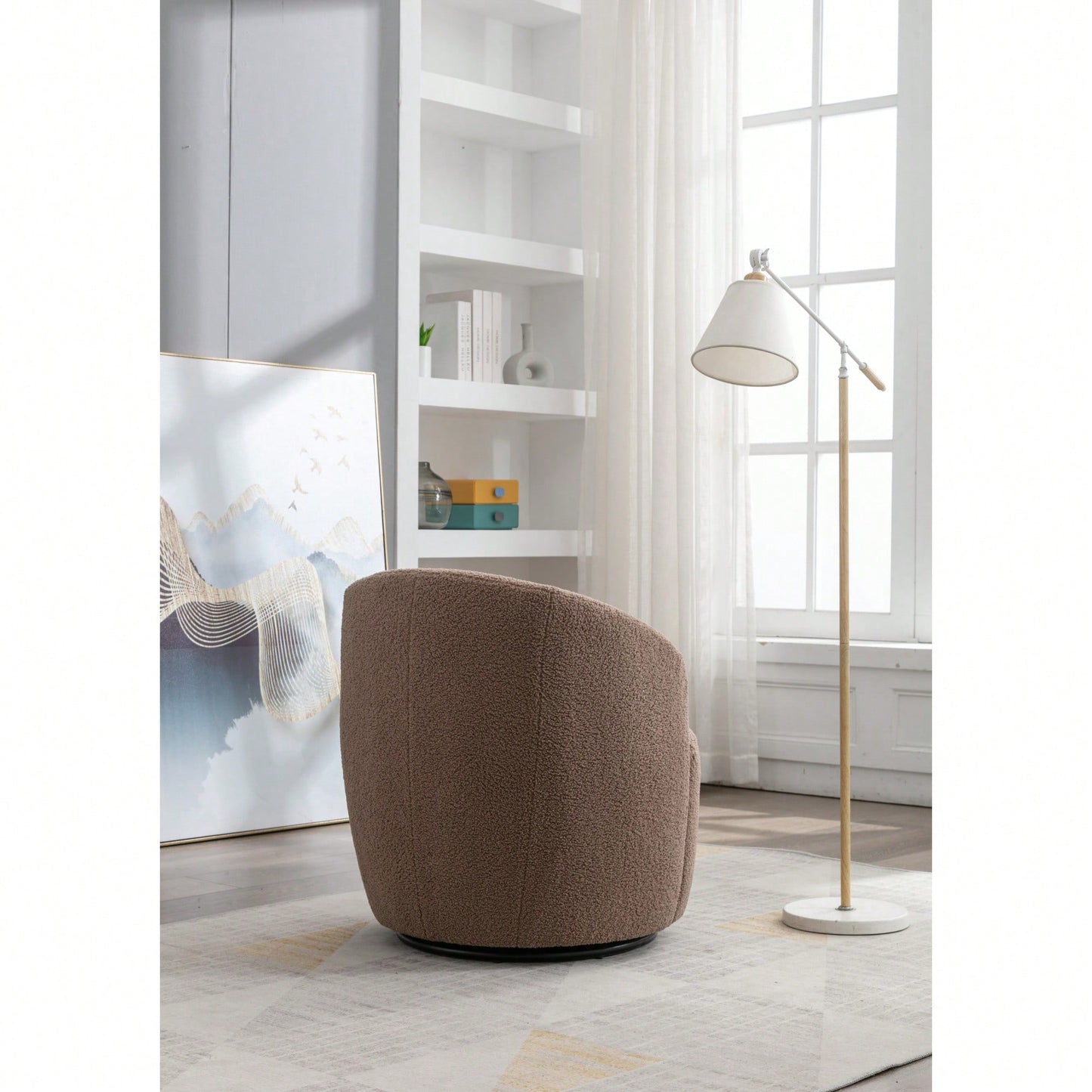 Swivel Accent Barrel Chair With Metal Ring Base In Coffee Brown Fabric