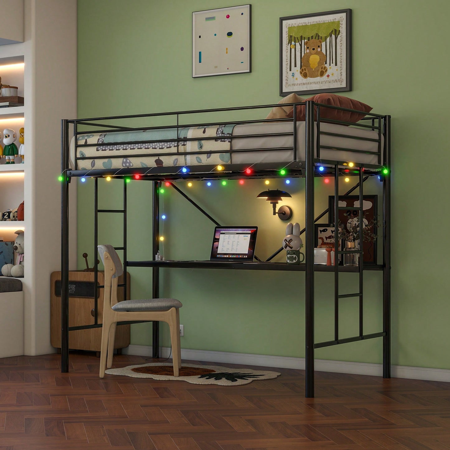 Twin Loft Bed With Desk, Power Outlets, LED Lights, Safety Guardrails, Space-Saving Design, Easy Assembly, Perfect For Kids' Rooms