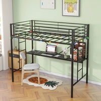 Twin Loft Bed With Desk, Power Outlets, LED Lights, Safety Guardrails, Space-Saving Design, Easy Assembly, Perfect For Kids' Rooms