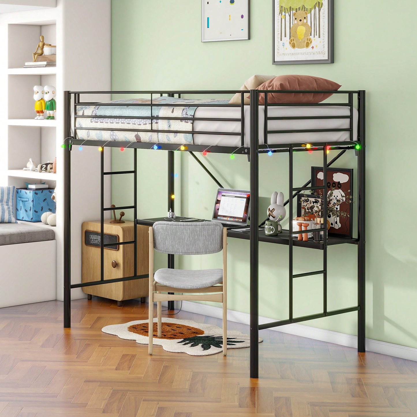 Twin Loft Bed With Desk, Power Outlets, LED Lights, Safety Guardrails, Space-Saving Design, Easy Assembly, Perfect For Kids' Rooms