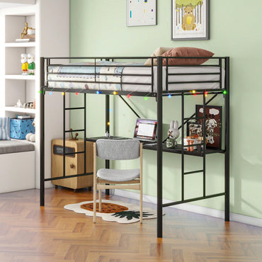 Twin Loft Bed With Desk, Power Outlets, LED Lights, Safety Guardrails, Space-Saving Design, Easy Assembly, Perfect For Kids' Rooms