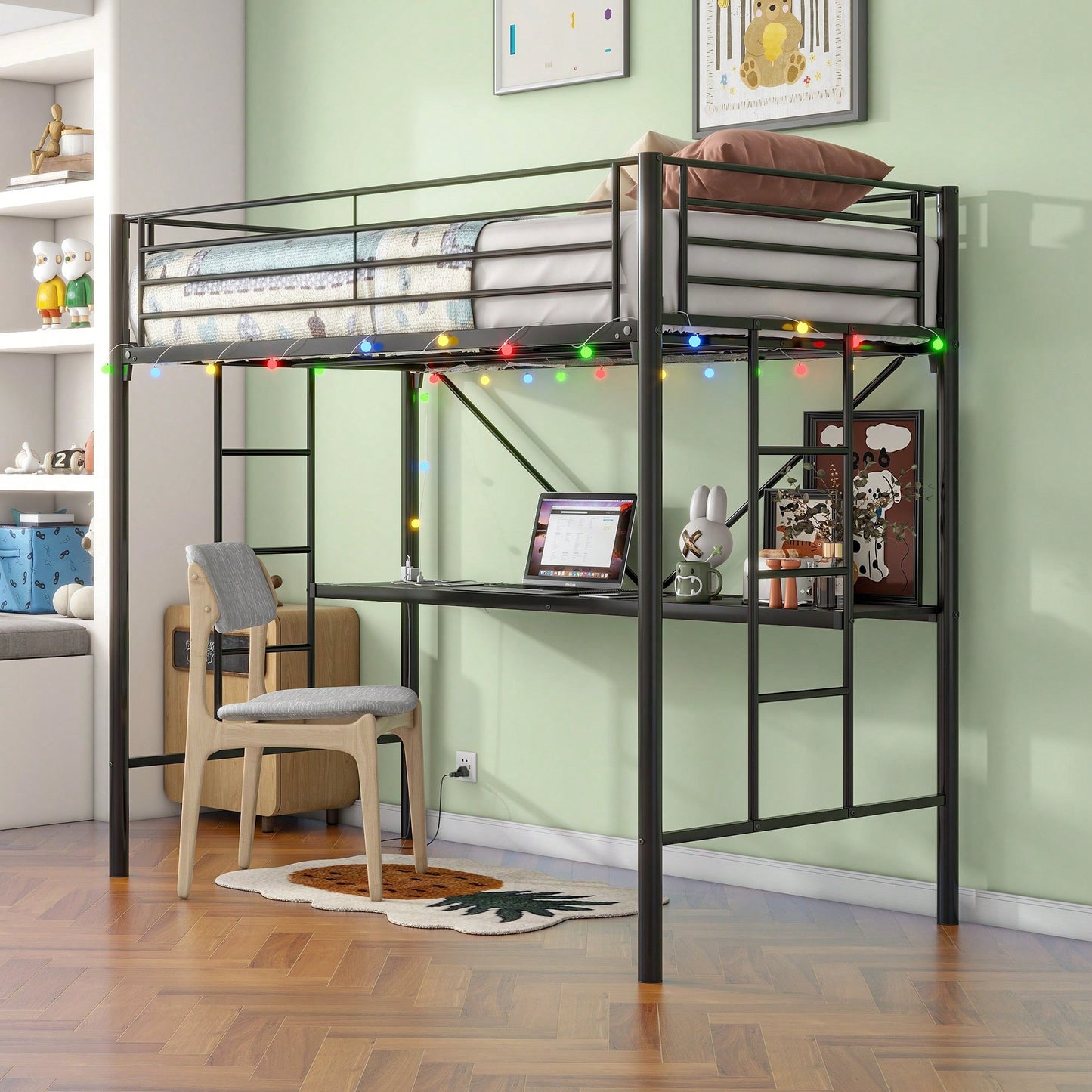 Twin Loft Bed With Desk, Power Outlets, LED Lights, Safety Guardrails, Space-Saving Design, Easy Assembly, Perfect For Kids' Rooms