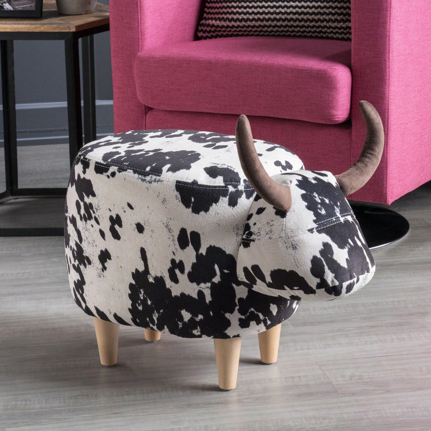 Cute Cow-Shaped Velvet Ottoman For Kids Plush Foot Stool Ideal For Living Room Bedroom Nursery Playroom And Porch