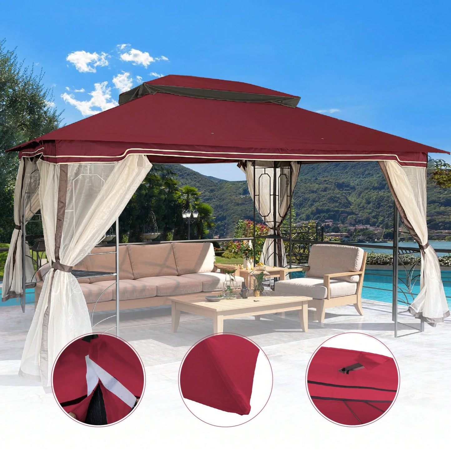 13x10 Ft Double Roof Patio Gazebo Replacement Canopy Top Fabric UV Protection Water-Repellent