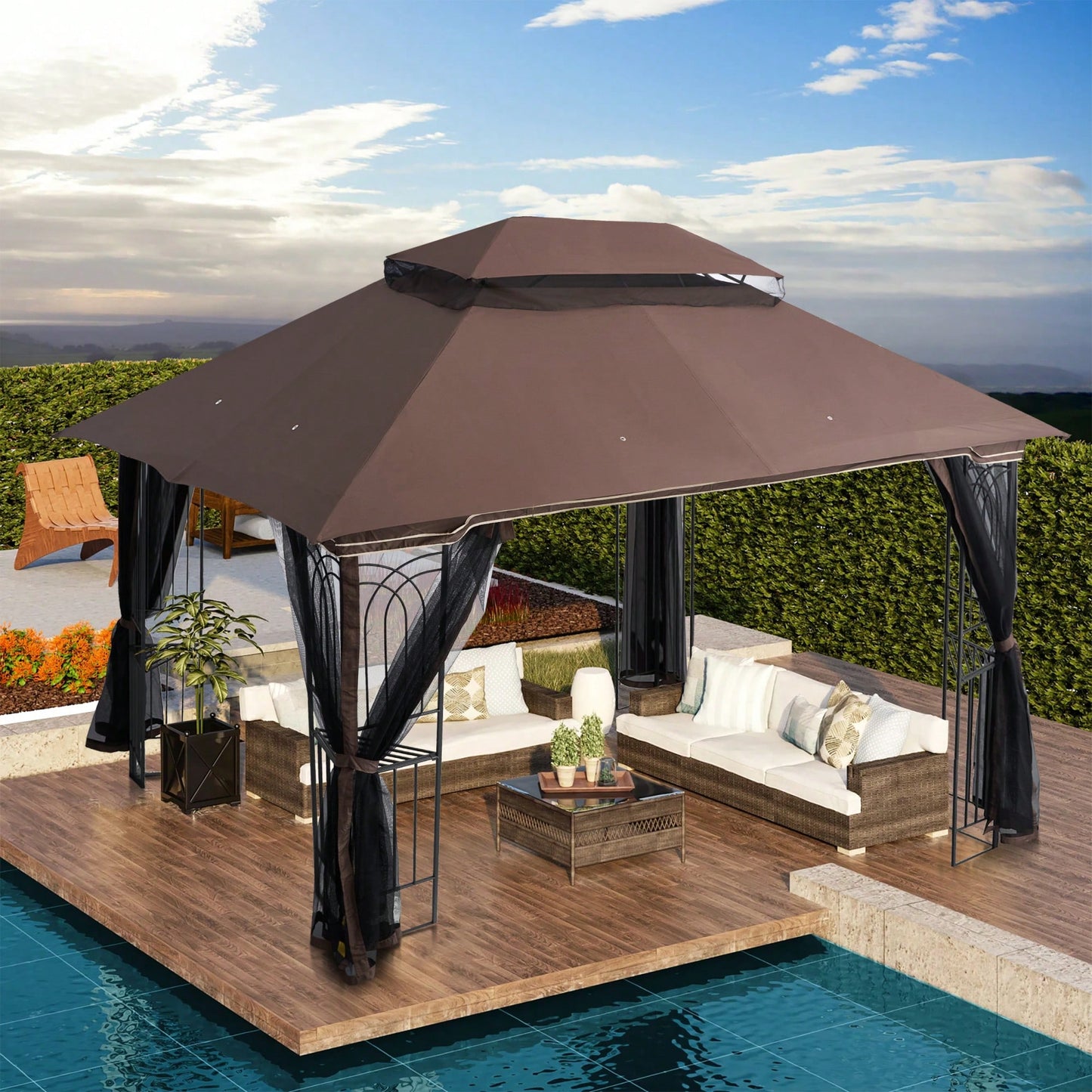 13x10 Ft Double Roof Patio Gazebo Replacement Canopy Top Fabric UV Protection Water-Repellent