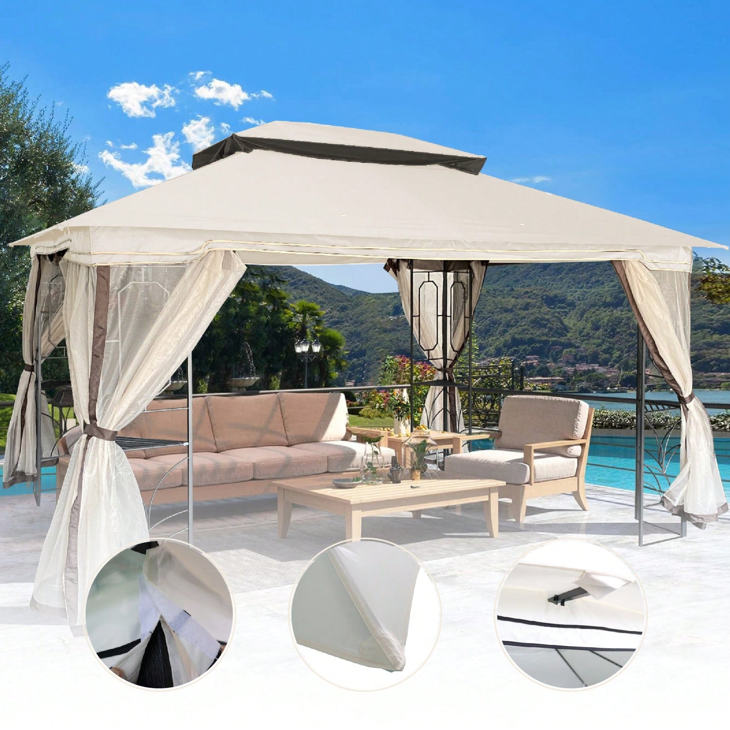 13x10 Ft Double Roof Patio Gazebo Replacement Canopy Top Fabric UV Protection Water-Repellent