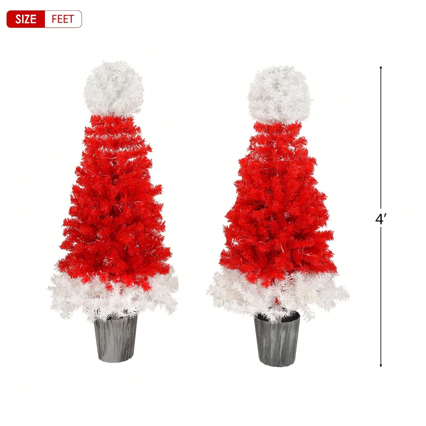 Lighted Santa Hat Style Christmas Tree Set Of 2 4ft Artificial Trees With Warm White LED Lights For Indoor And Outdoor Holiday Decoration