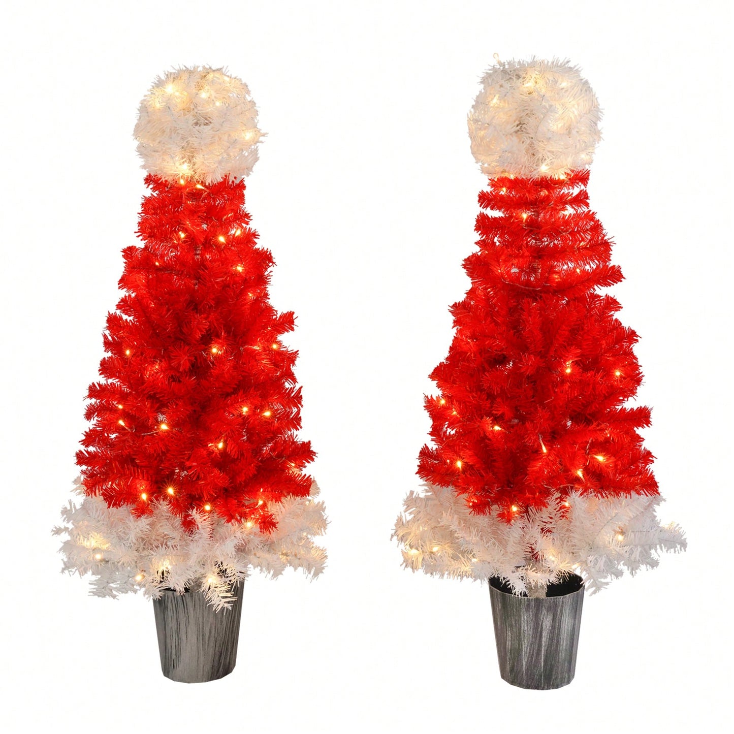 Lighted Santa Hat Style Christmas Tree Set Of 2 4ft Artificial Trees With Warm White LED Lights For Indoor And Outdoor Holiday Decoration