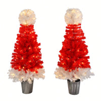 Lighted Santa Hat Style Christmas Tree Set Of 2 4ft Artificial Trees With Warm White LED Lights For Indoor And Outdoor Holiday Decoration