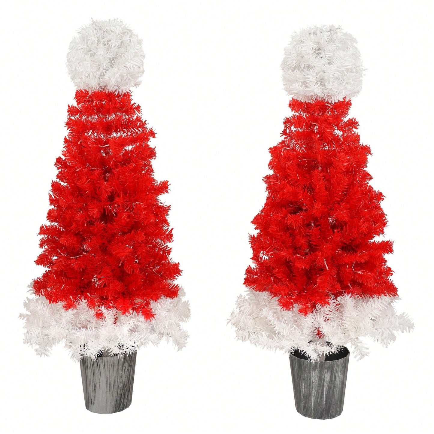 Lighted Santa Hat Style Christmas Tree Set Of 2 4ft Artificial Trees With Warm White LED Lights For Indoor And Outdoor Holiday Decoration