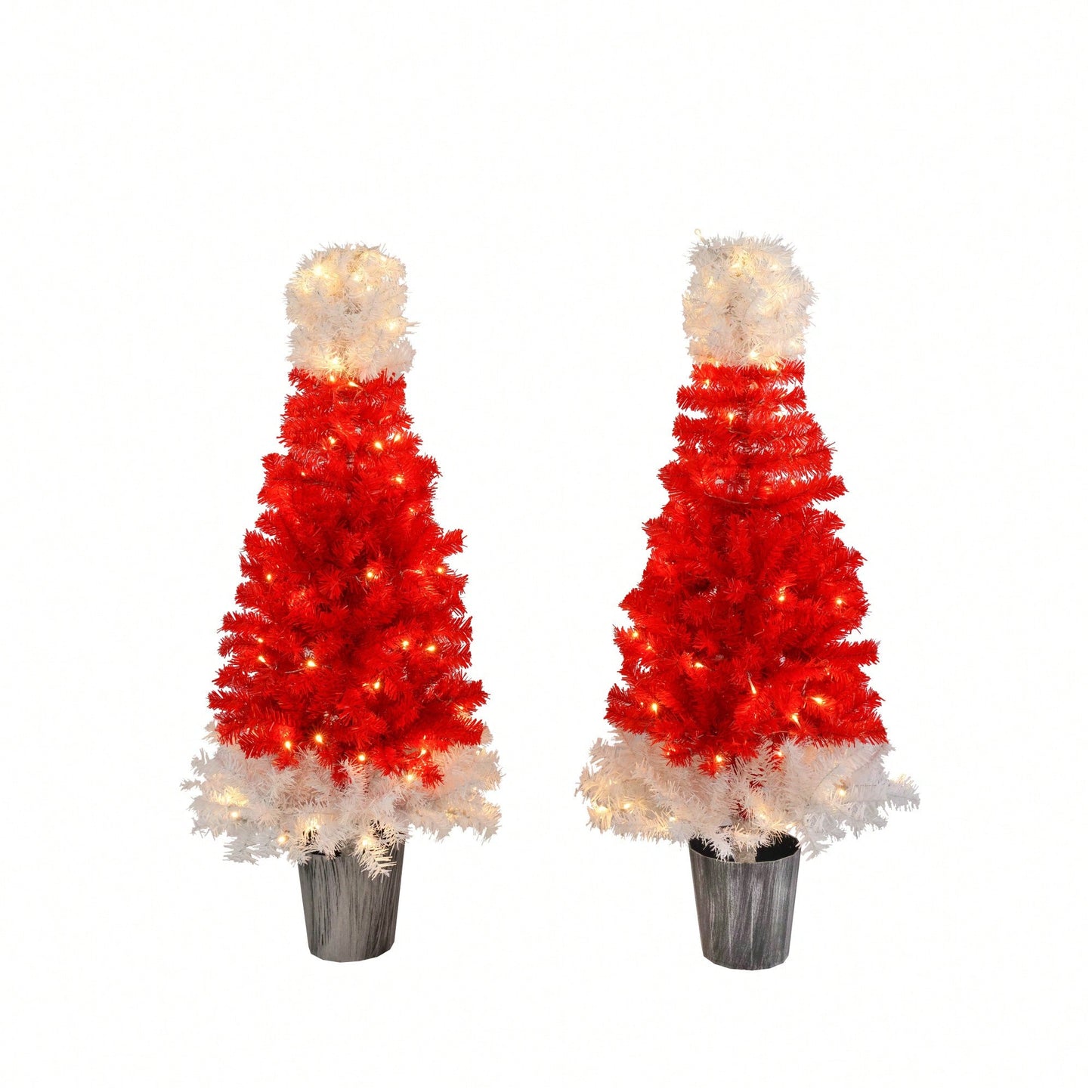 Lighted Santa Hat Style Christmas Tree Set Of 2 4ft Artificial Trees With Warm White LED Lights For Indoor And Outdoor Holiday Decoration