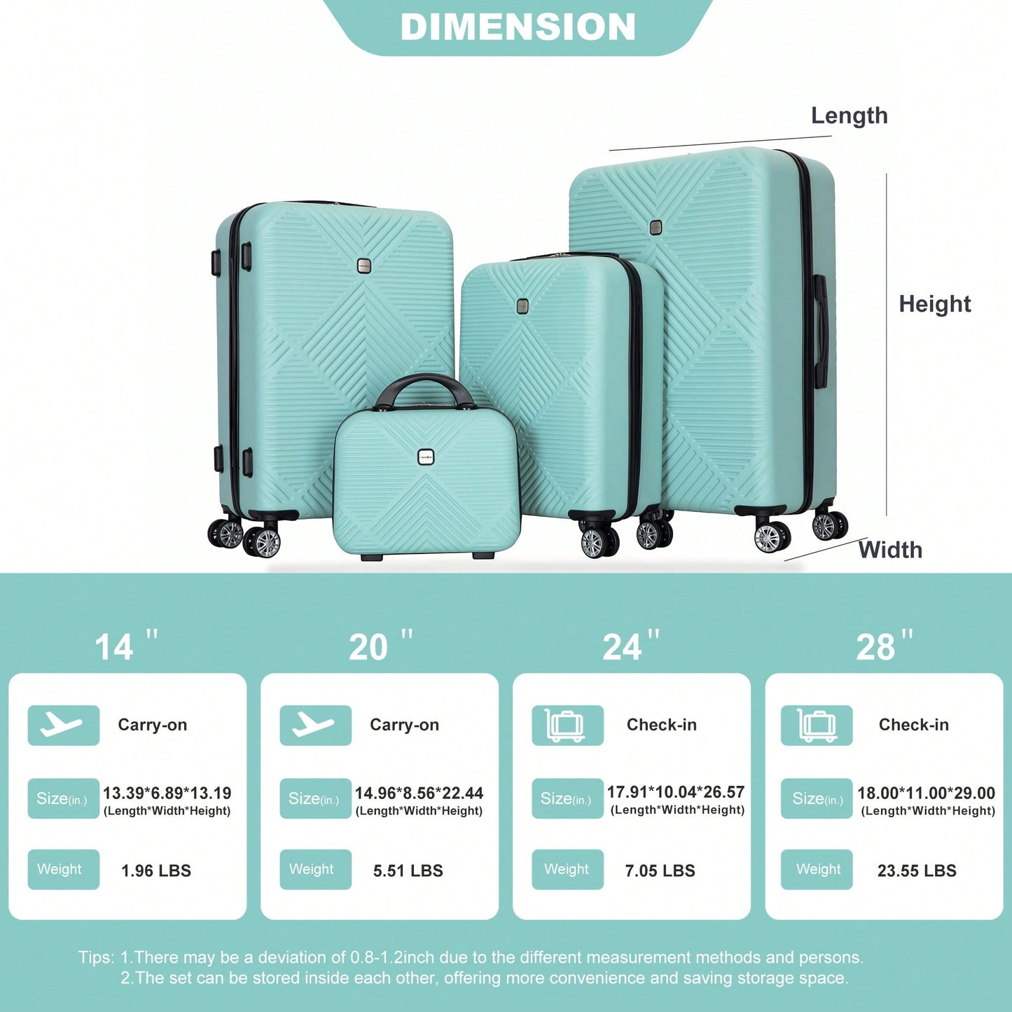 4-Piece Lightweight ABS Luggage Set With Makeup Case And 360° Spinner Wheels