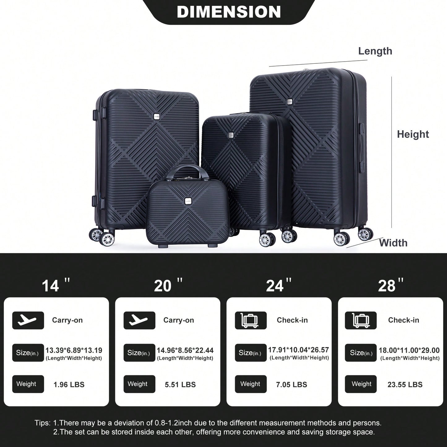 4-Piece Lightweight ABS Luggage Set With Makeup Case And 360° Spinner Wheels