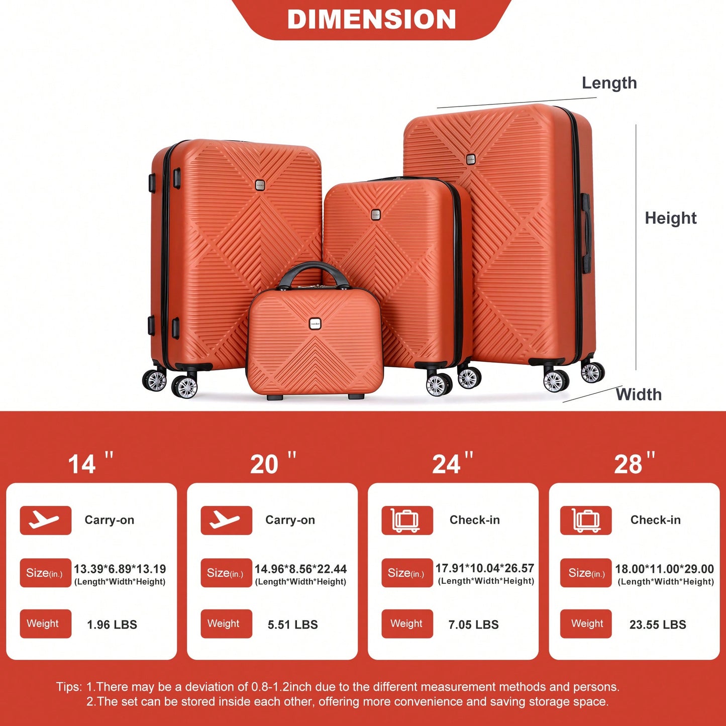 4-Piece Lightweight ABS Luggage Set With Makeup Case And 360° Spinner Wheels