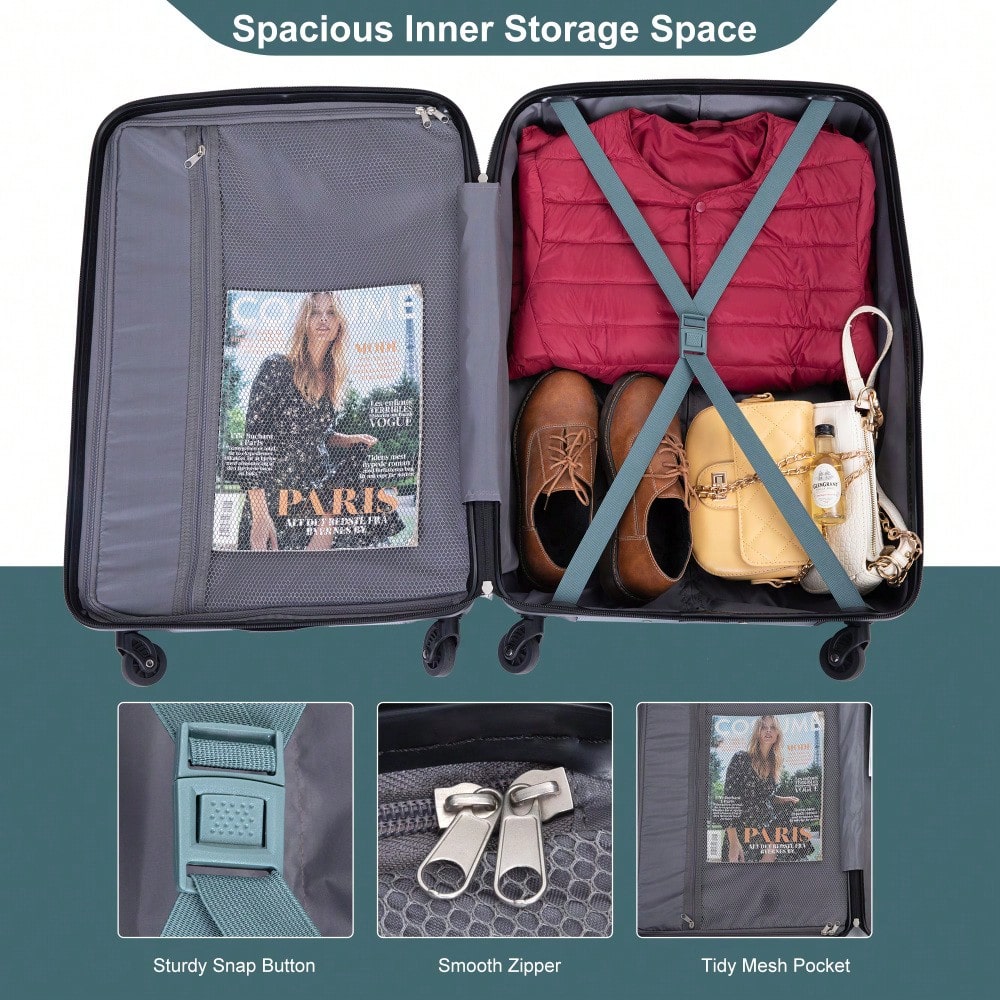 Expandable 3-Piece Lightweight PC Luggage Set With TSA Lock, Spinner Wheels, And Hooks