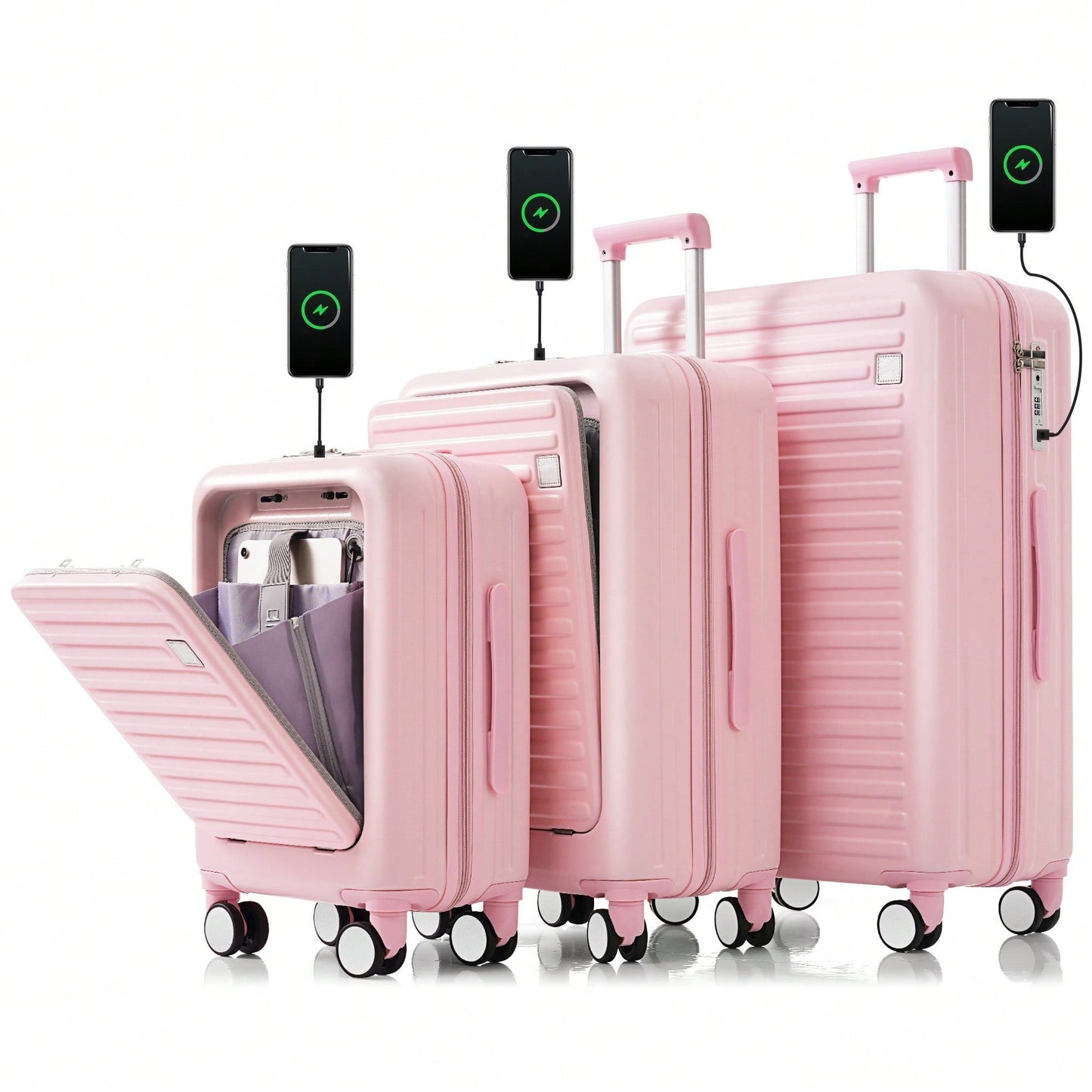 3-Piece Luggage Set With USB Port & Front Opening Design - Pink ABS Hard Shell Suitcases (20, 24, 28 Inches)