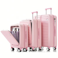 3-Piece Luggage Set With USB Port & Front Opening Design - Pink ABS Hard Shell Suitcases (20, 24, 28 Inches)