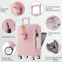 3-Piece Luggage Set With USB Port & Front Opening Design - Pink ABS Hard Shell Suitcases (20, 24, 28 Inches)