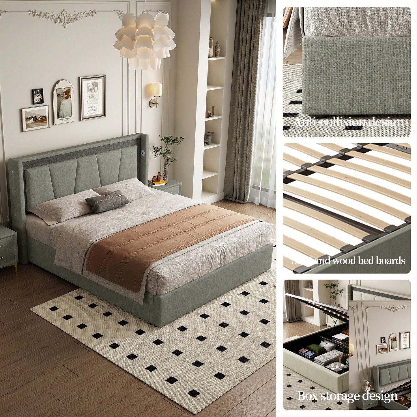 Stylish Queen Bed With Hidden Storage – Durable Cotton-Linen Fabric