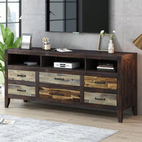 Retro Distressed Wooden TV Stand – Fits TVs Up To 65" With 6 Drawers