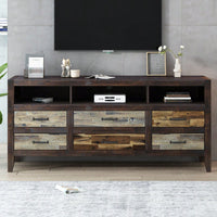 Retro Distressed Wooden TV Stand – Fits TVs Up To 65" With 6 Drawers